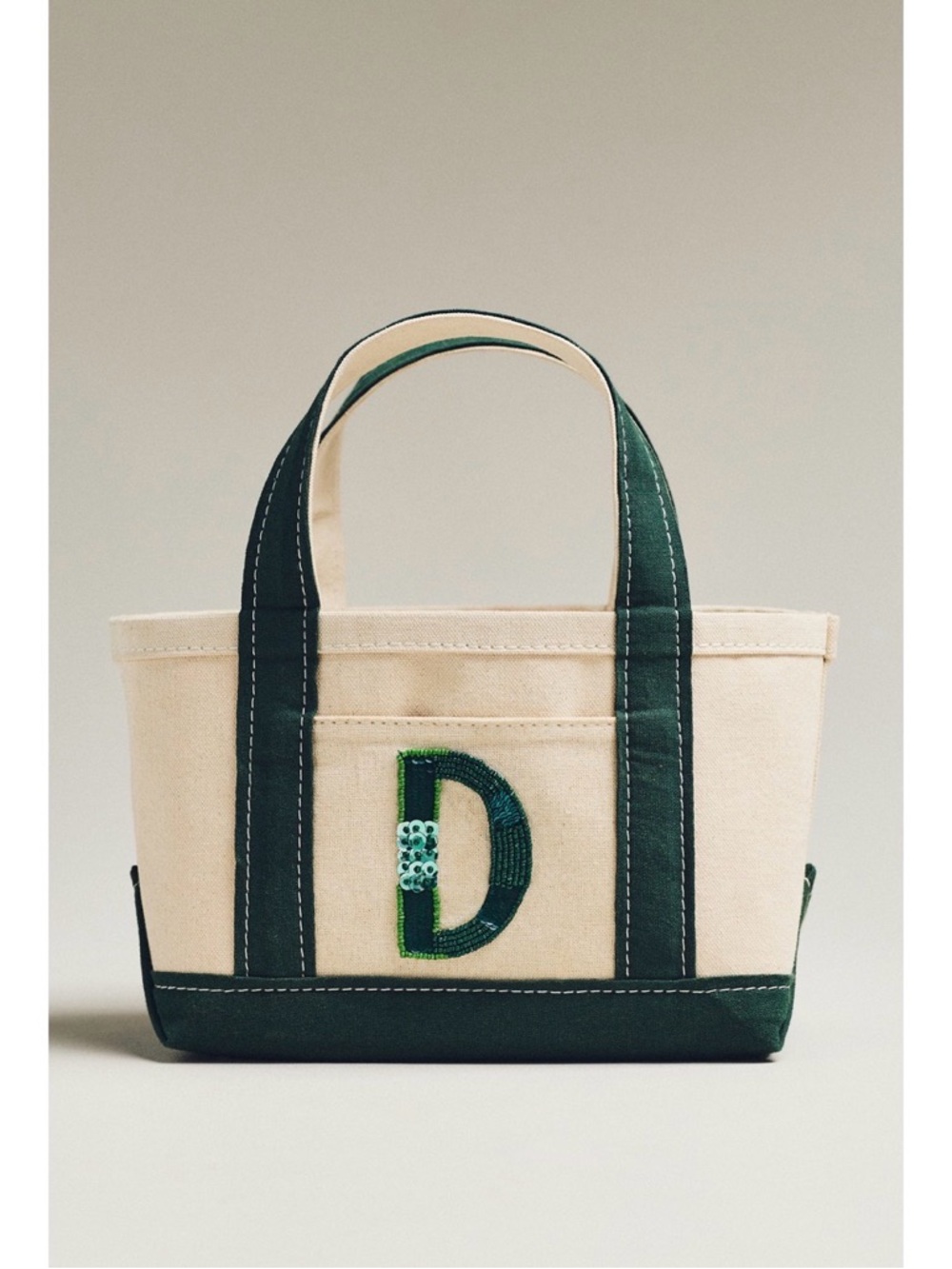 Anthropologie Cream Canvas Tote with Dark Green Trim & Embroidered D